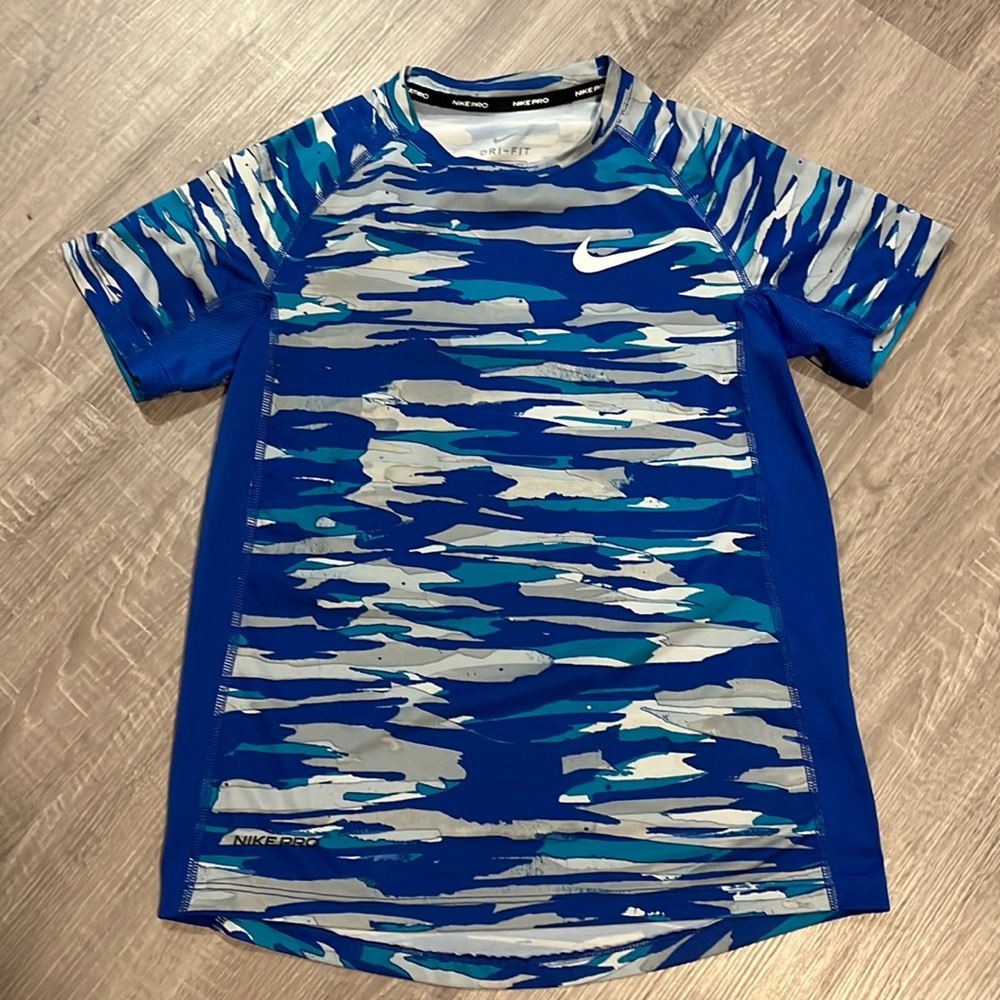 Boys Nike Pro Dri-Fit Blue Camo Training T-Shirt - Youth Medium